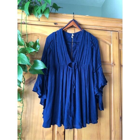 Free People Women Romeo Navy Blue Ladder Trim Boho Mini Dress SP - Picture 4 of 14